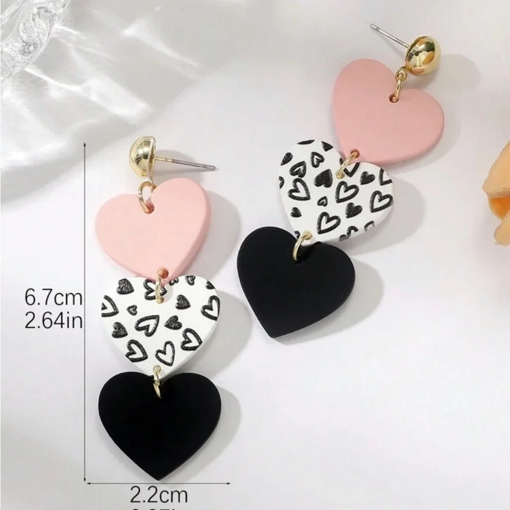 Heart Drop Earrings in Pink, Black, and White - Picture 4 of 5